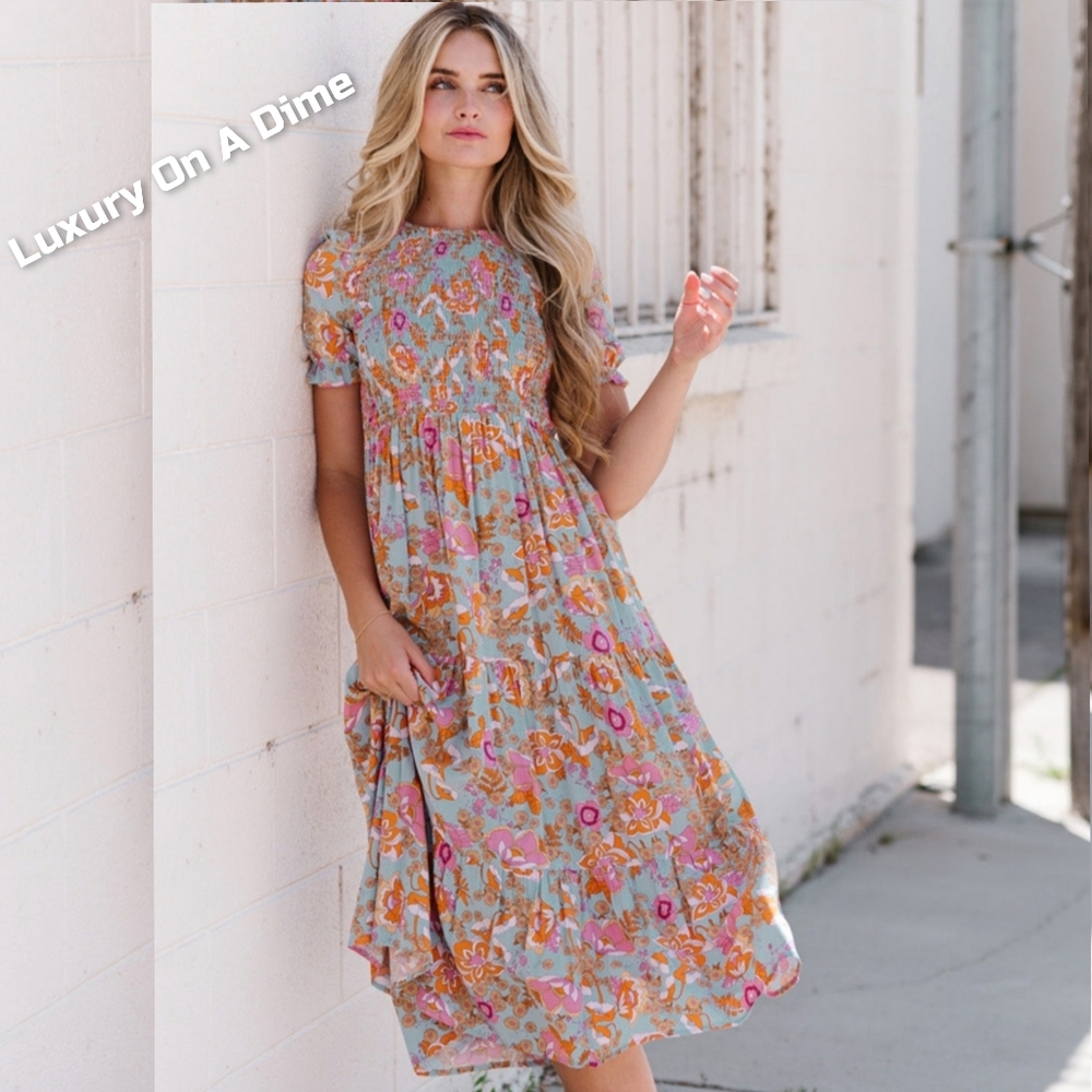 Retro 70s Floral Smocked Short Sleeve Modest Midi Dress Farmhouse Cottagecore